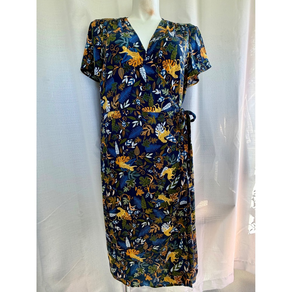 J. Crew Factory Navy Floral Wrap Midi Dress with Mustard and Green Accents
